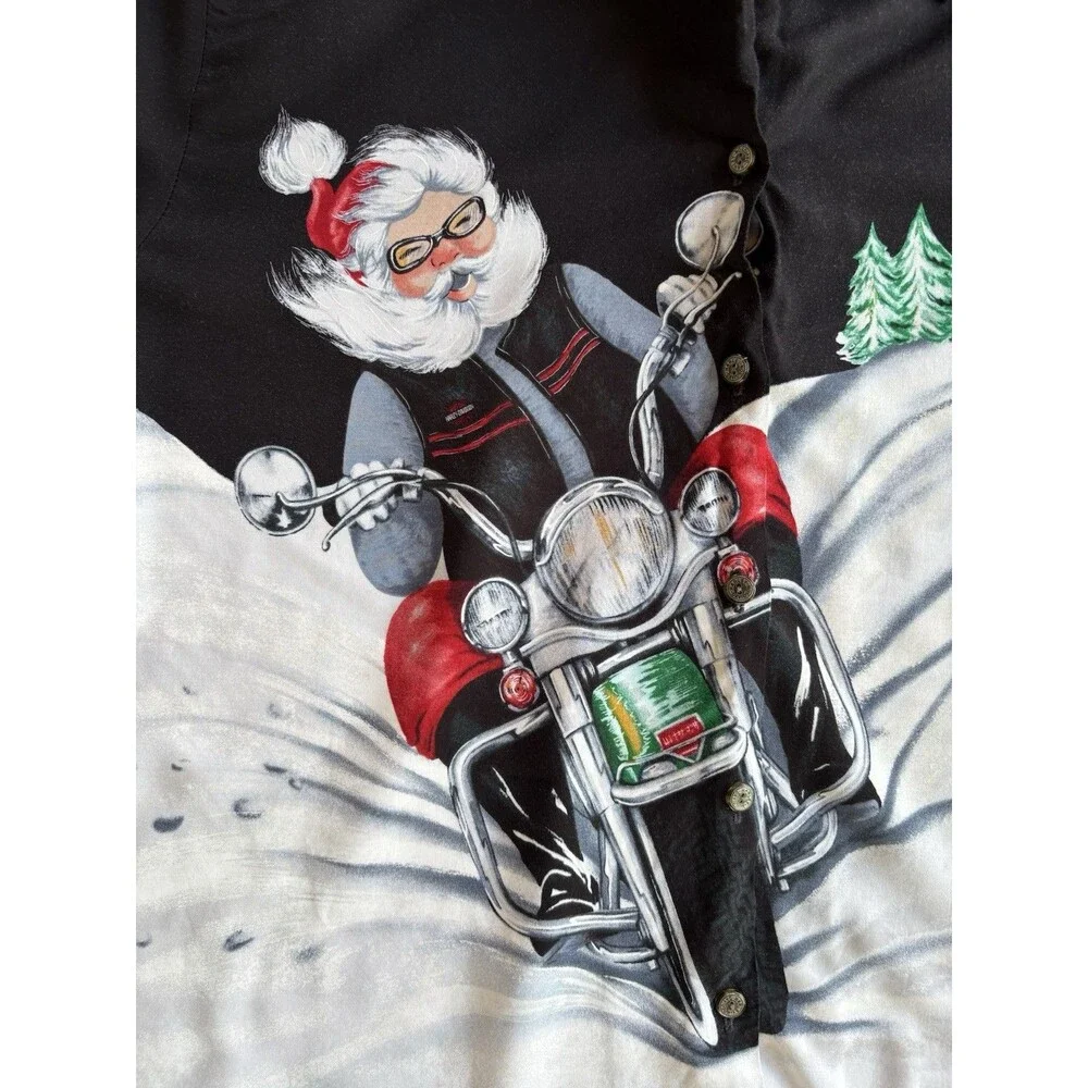 Men’s XL Santa Claus Motorcycle Biker Christmas Button-Up Shirt‎ Black